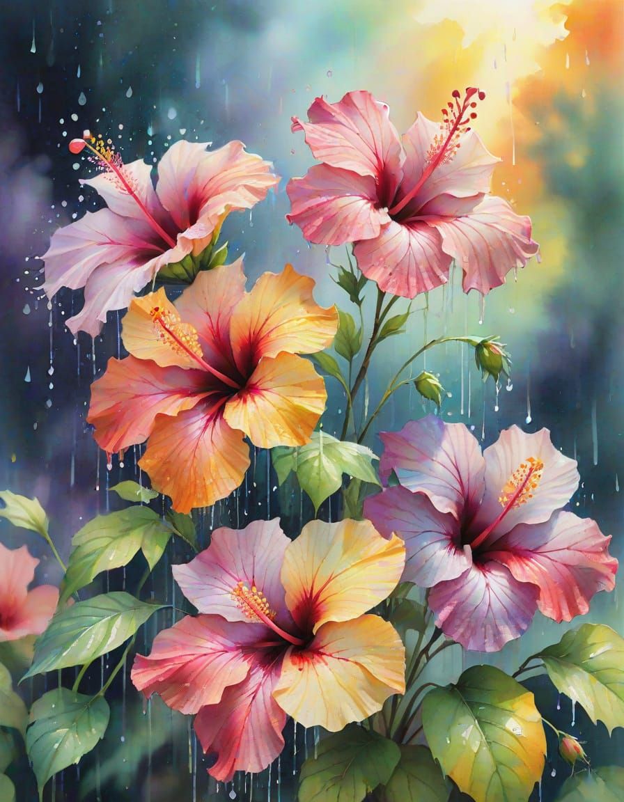 Vibrant Hibiscus Waterfall in Watercolor Splash Art