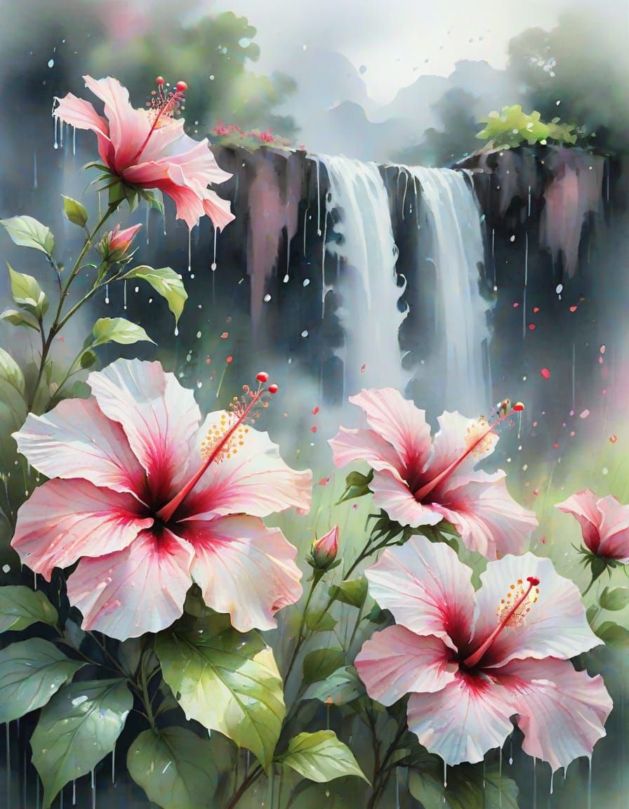 Vibrant Waterfall of Hibiscus Flowers in Watercolor