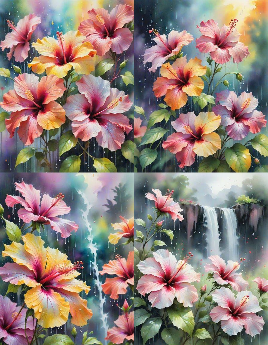 Vibrant Waterfall Through Hibiscus Field in Watercolor