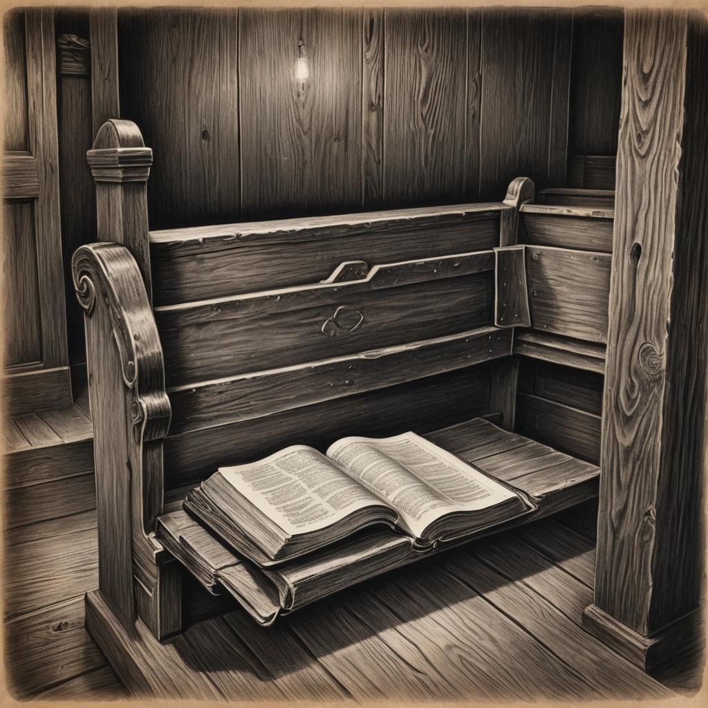 Old Church Pew with Bible: Charcoal Drawing