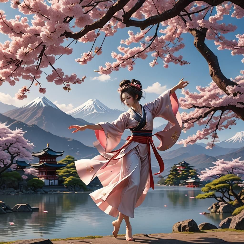Anime Dancer Under Sakura Tree with Temples