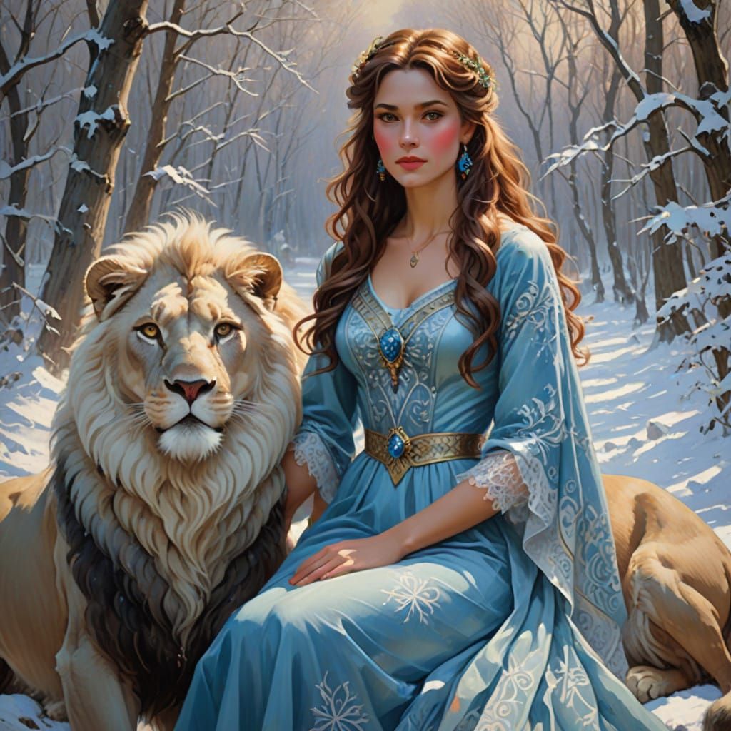 Elegant Woman and Majestic Lion in Winter Wonderland Art