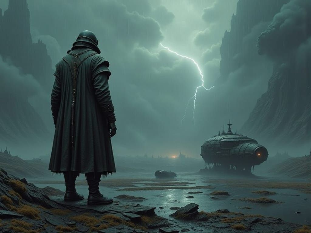 Lone Figure in Raining Desolate Landscape