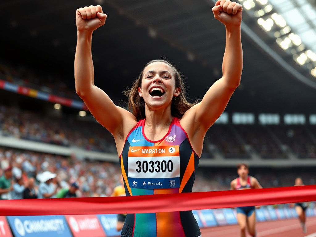 Athlete's Joyful Victory in Stadium Race