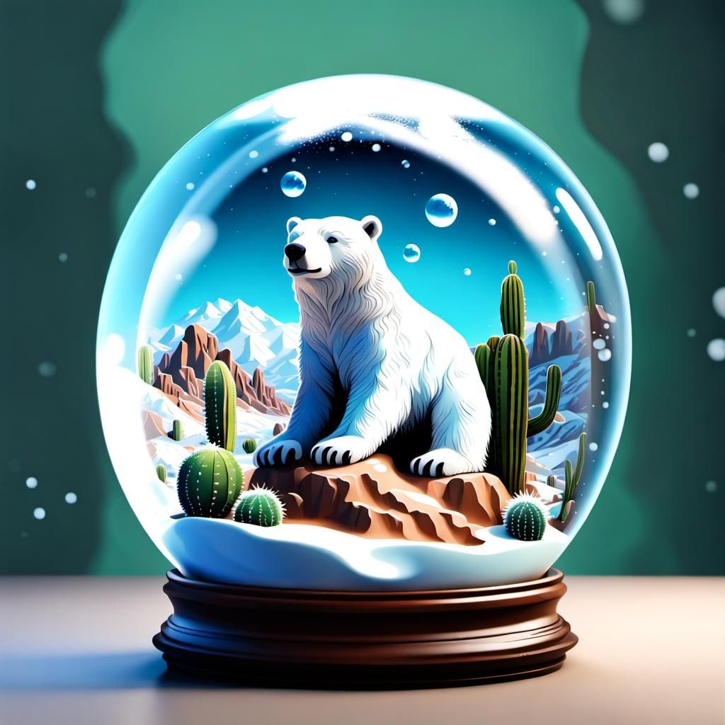 Polar Bear in Snow Globe: Hyperrealistic Desert Scene
