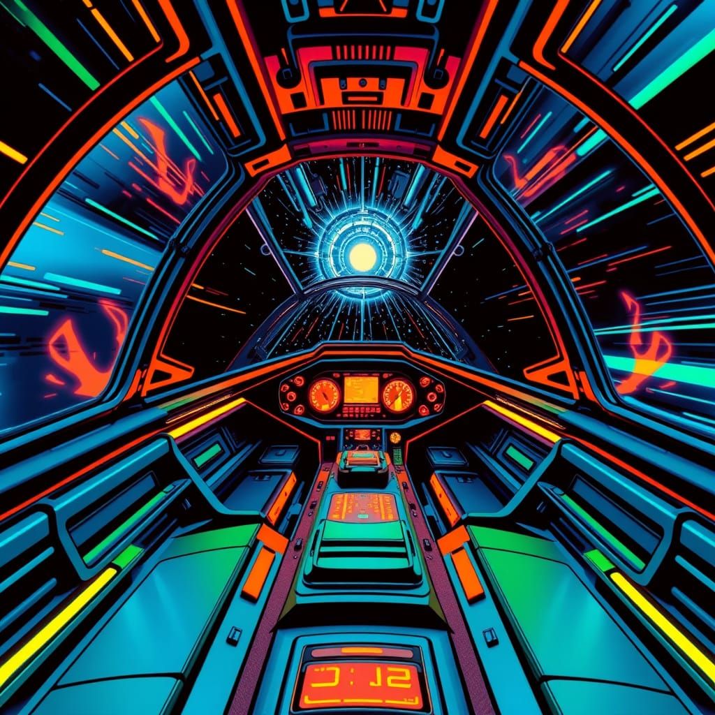 Cyberpunk Starfighter Cockpit in Hyperspace