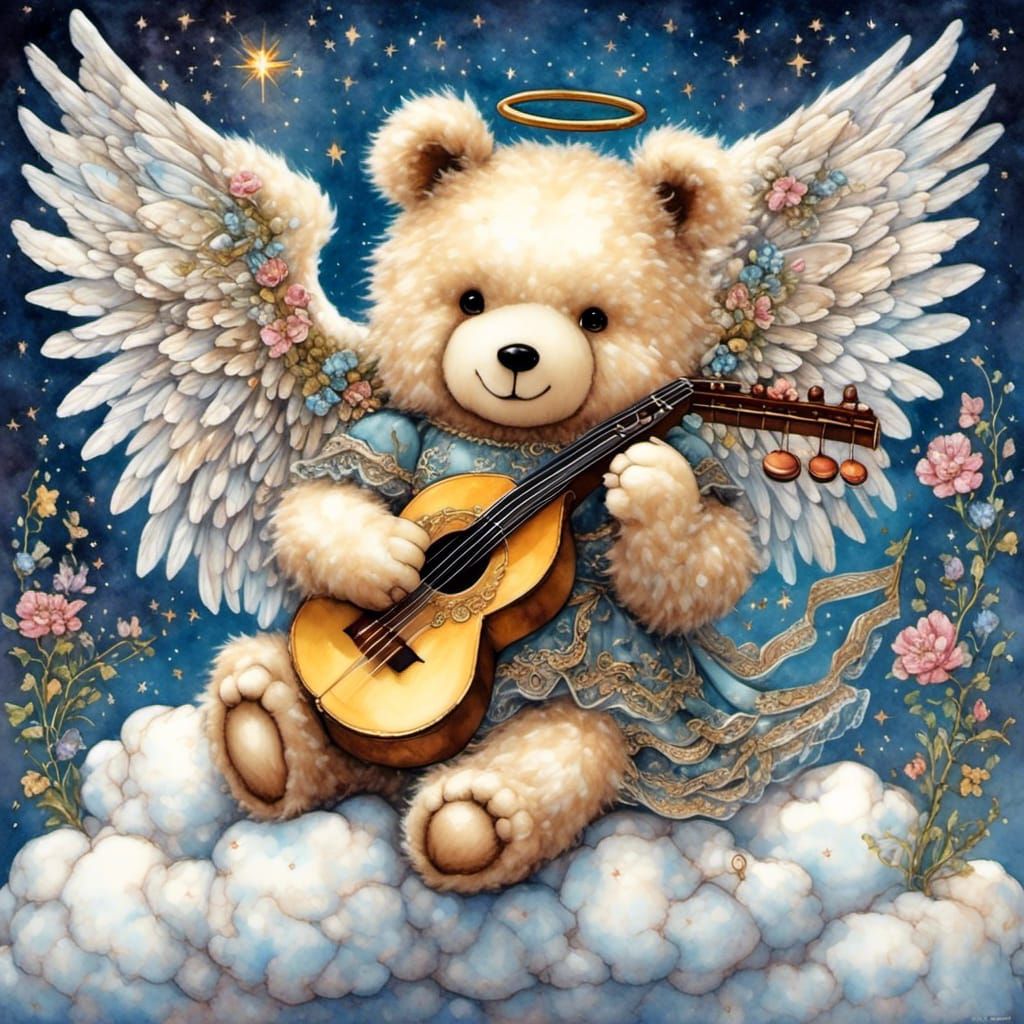 Angelic Teddy Bear with Harp in Watercolor Style