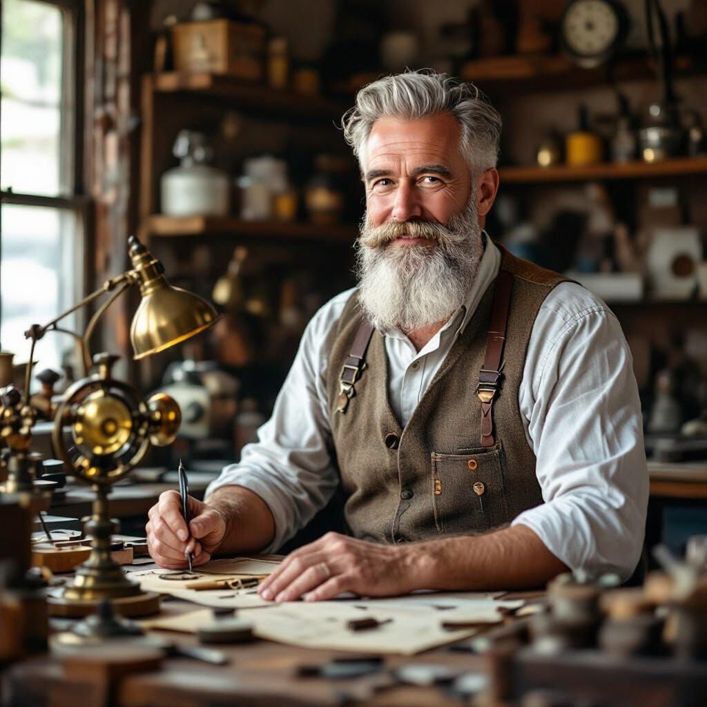 Gray Bearded Inventor In His Workshop