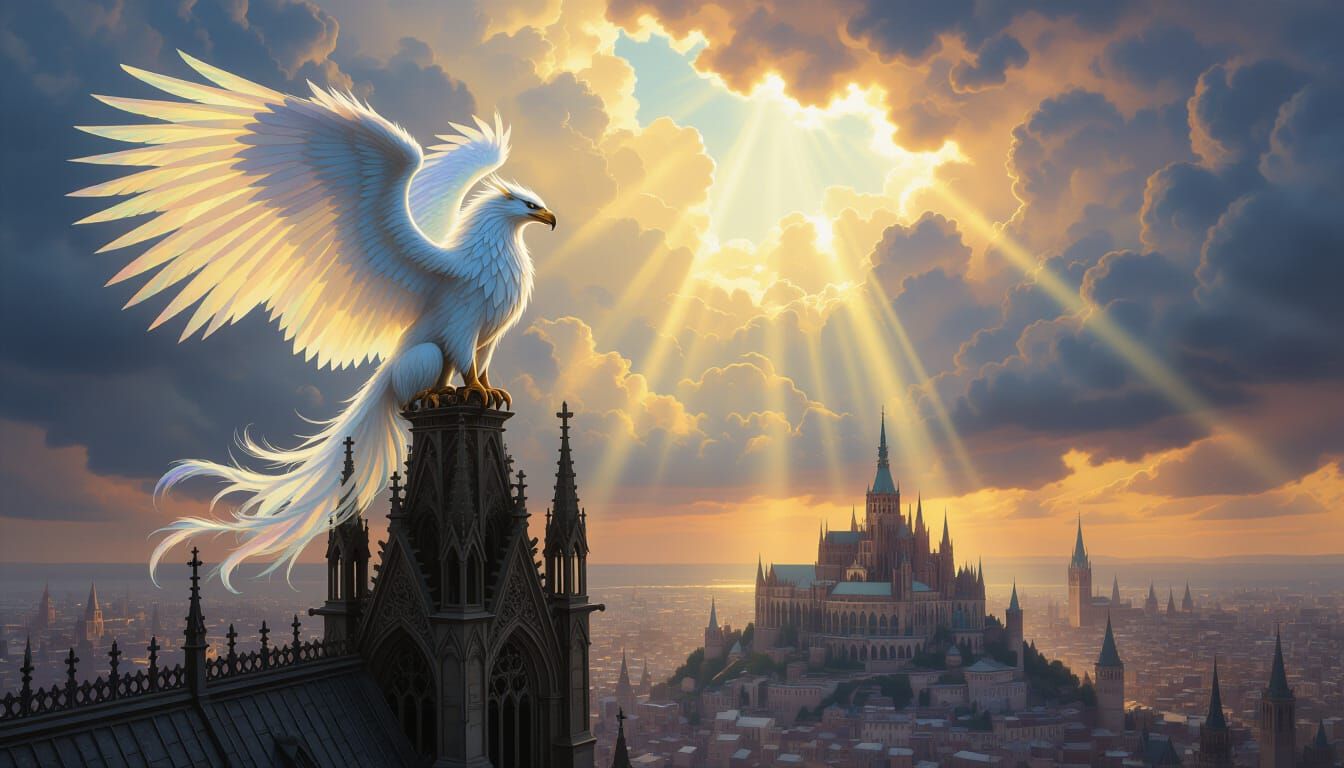 Majestic Griffin Perched on Gothic Cathedral Spire