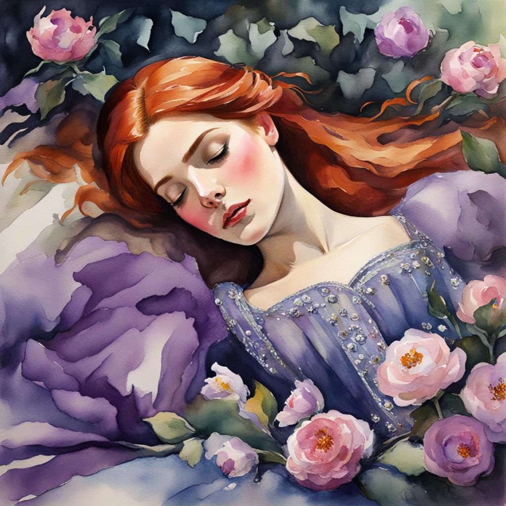 Redhead Sleeping Beauty in Watercolor Gouache Style