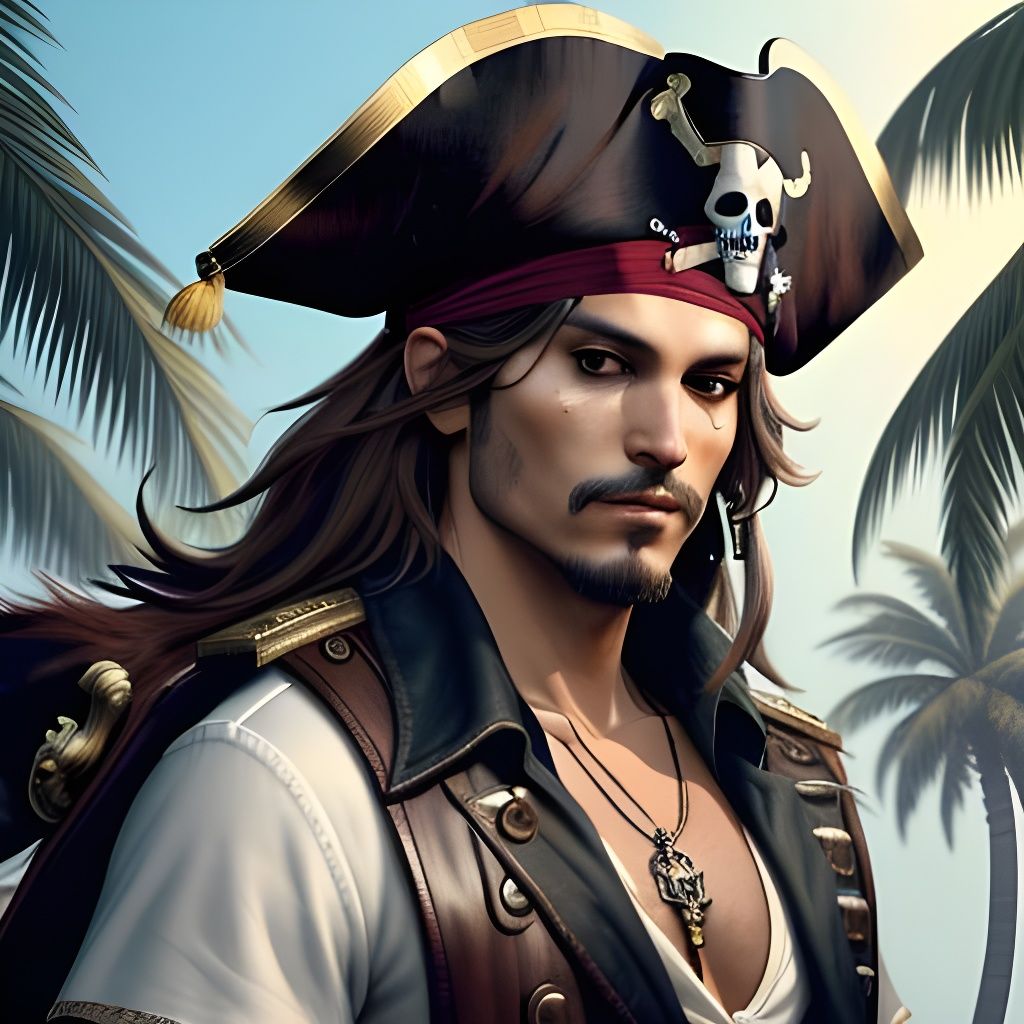 Detailed Pirate Portrait on Tropical Island