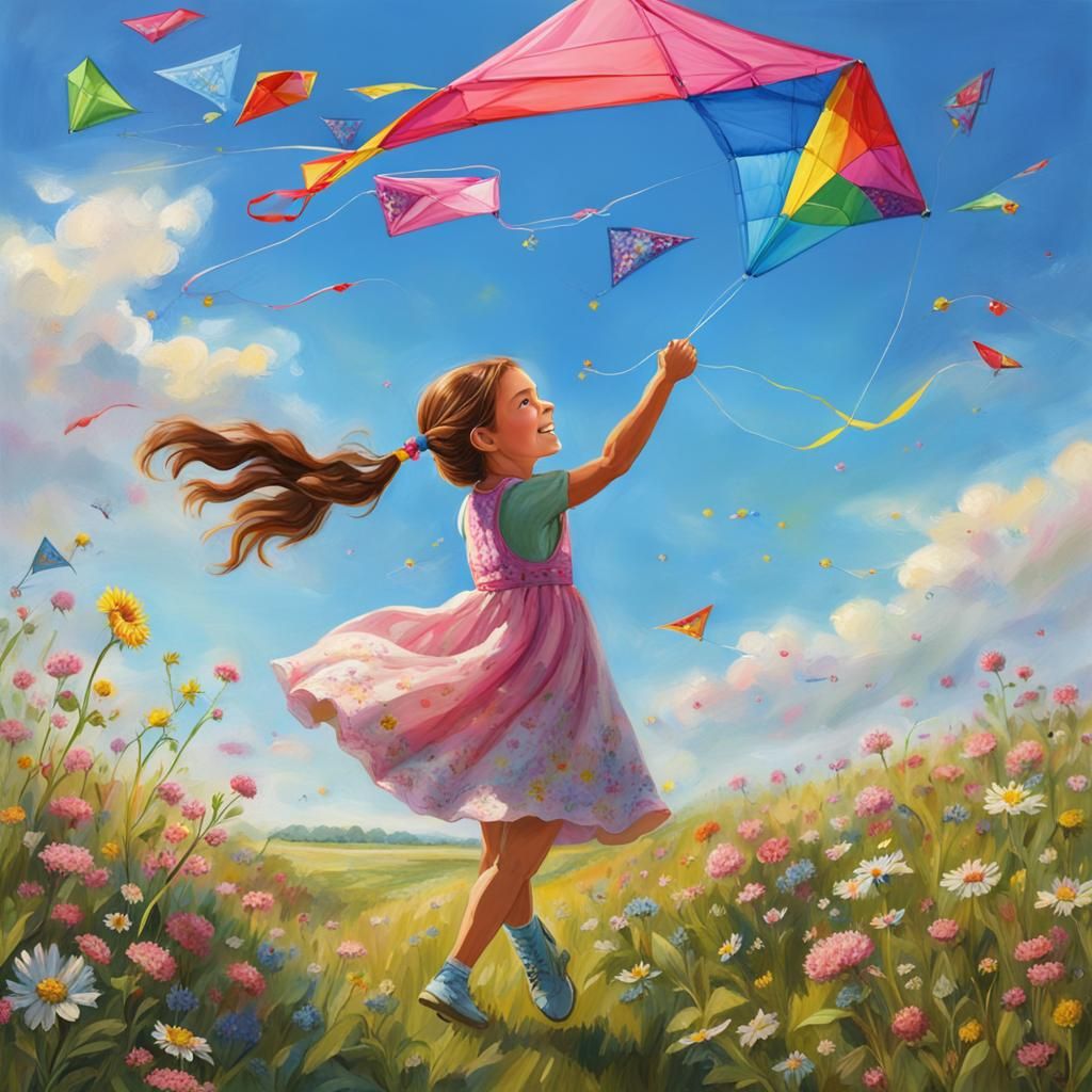 Girl Flying Kite in Wildflower Field, Hyperrealistic