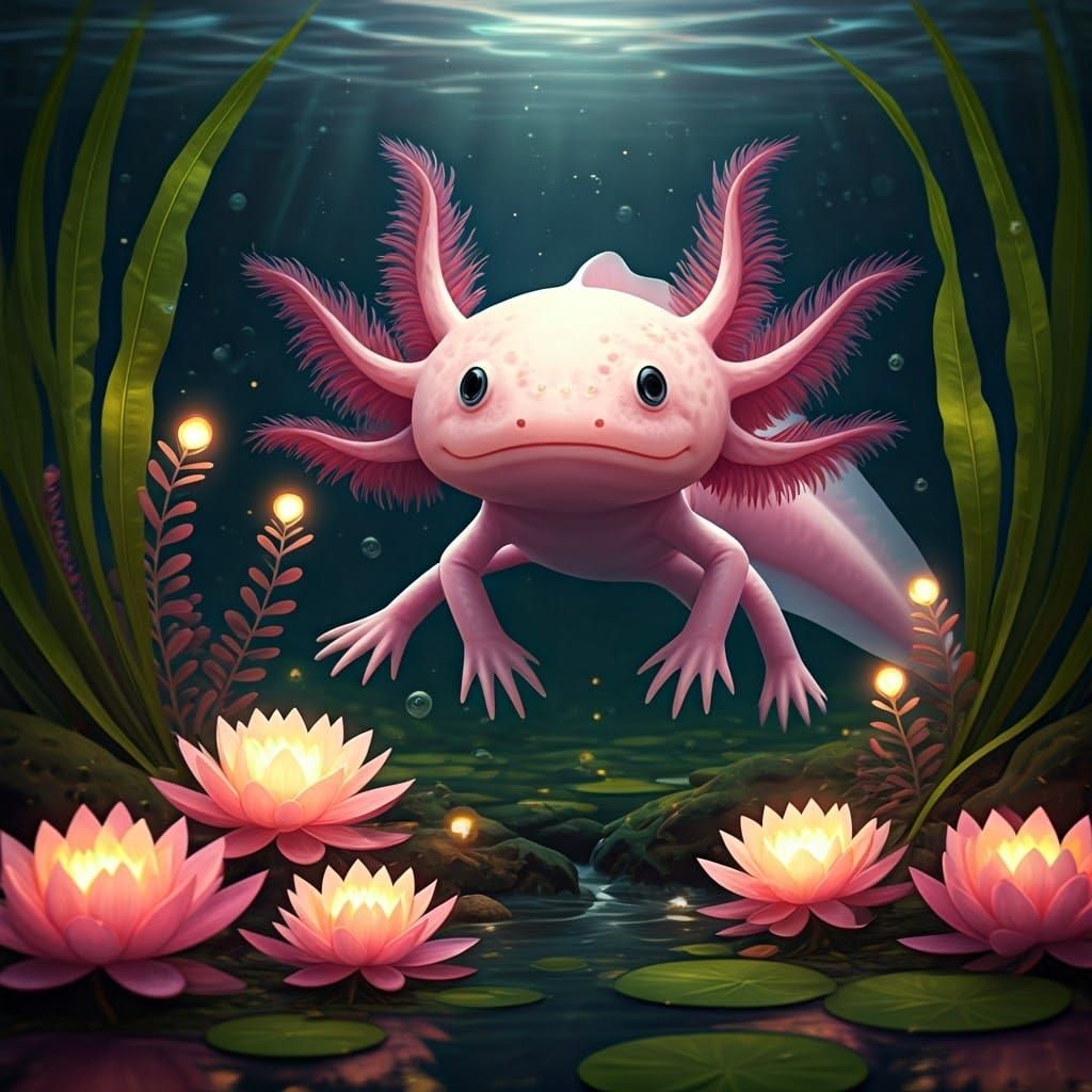 Bioluminescent Axolotl in Enchanted Aquatic Realm