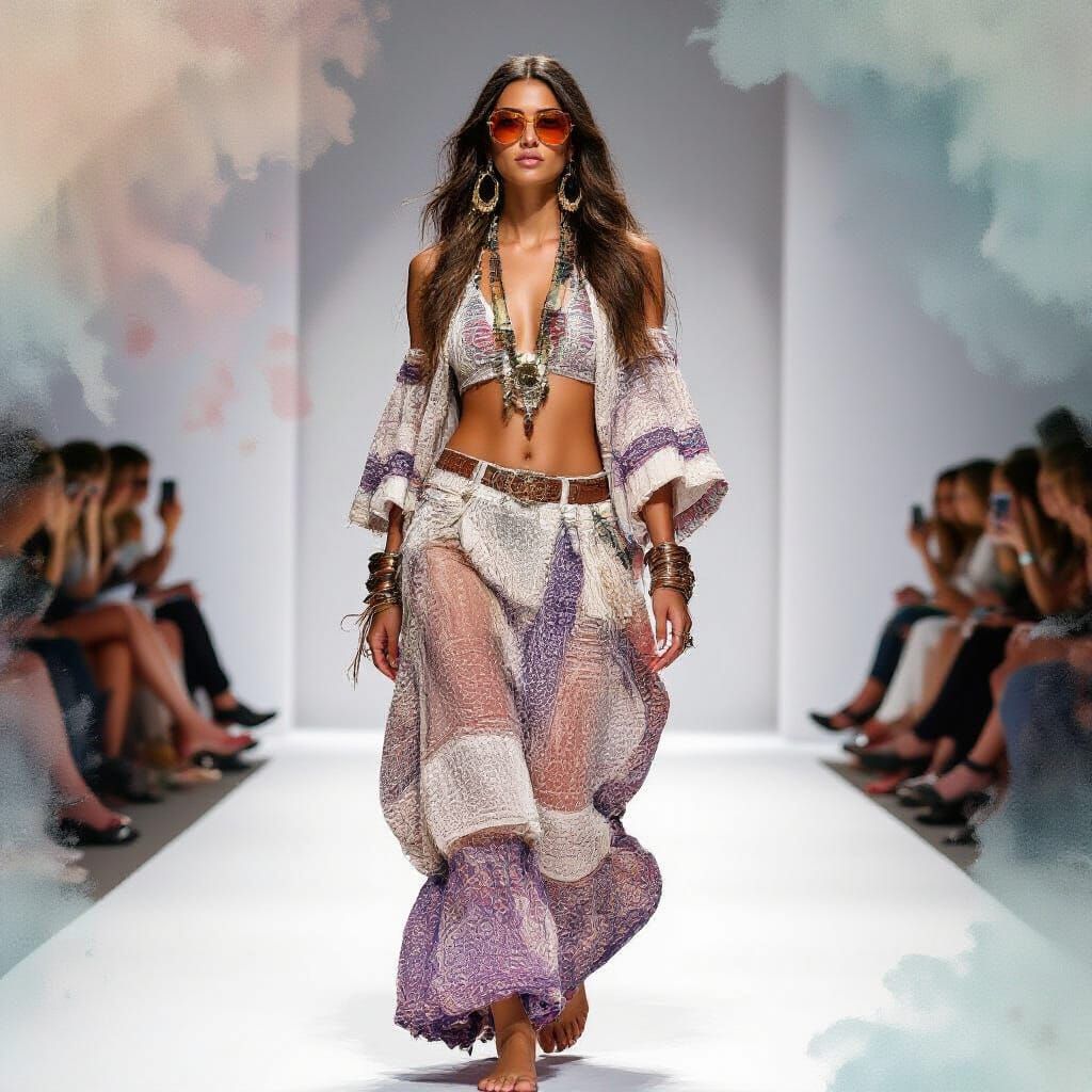 Boho Chic Fashion Model in Watercolor Overlay