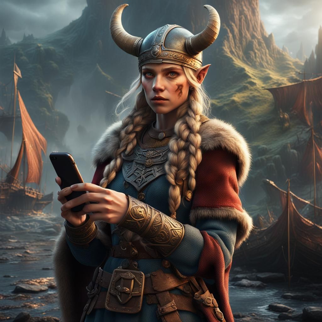 Viking Girl with iPhone: Fantasy Concept Art