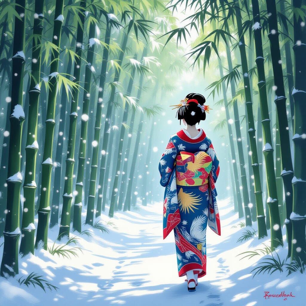 Geisha in Phoenix Kimono in Snowy Bamboo Forest