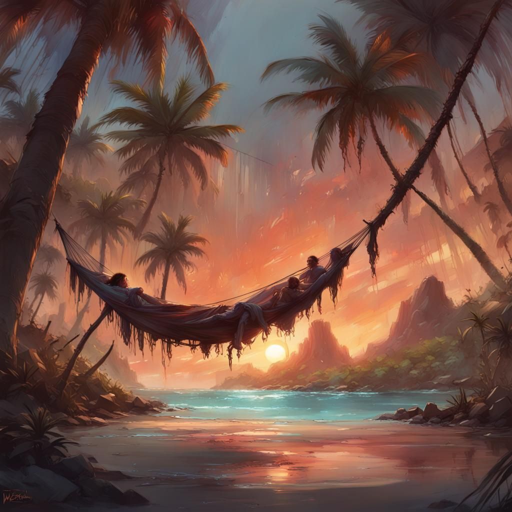 Tropical Island Sunset: Digital Illustration in Detailed Sty...