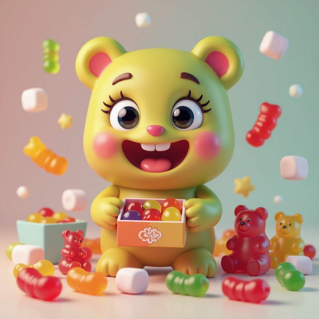 Zhevunchik Gummy Character with Candy in Whimsical 3D Style