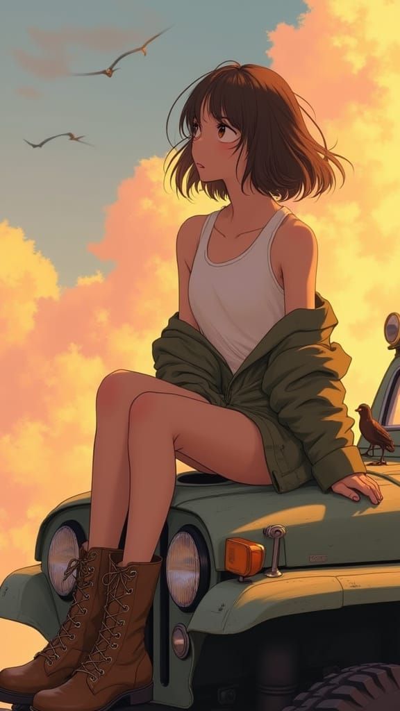 Serene Young Woman Admires Sunset from Vintage Off-Road Vehi...