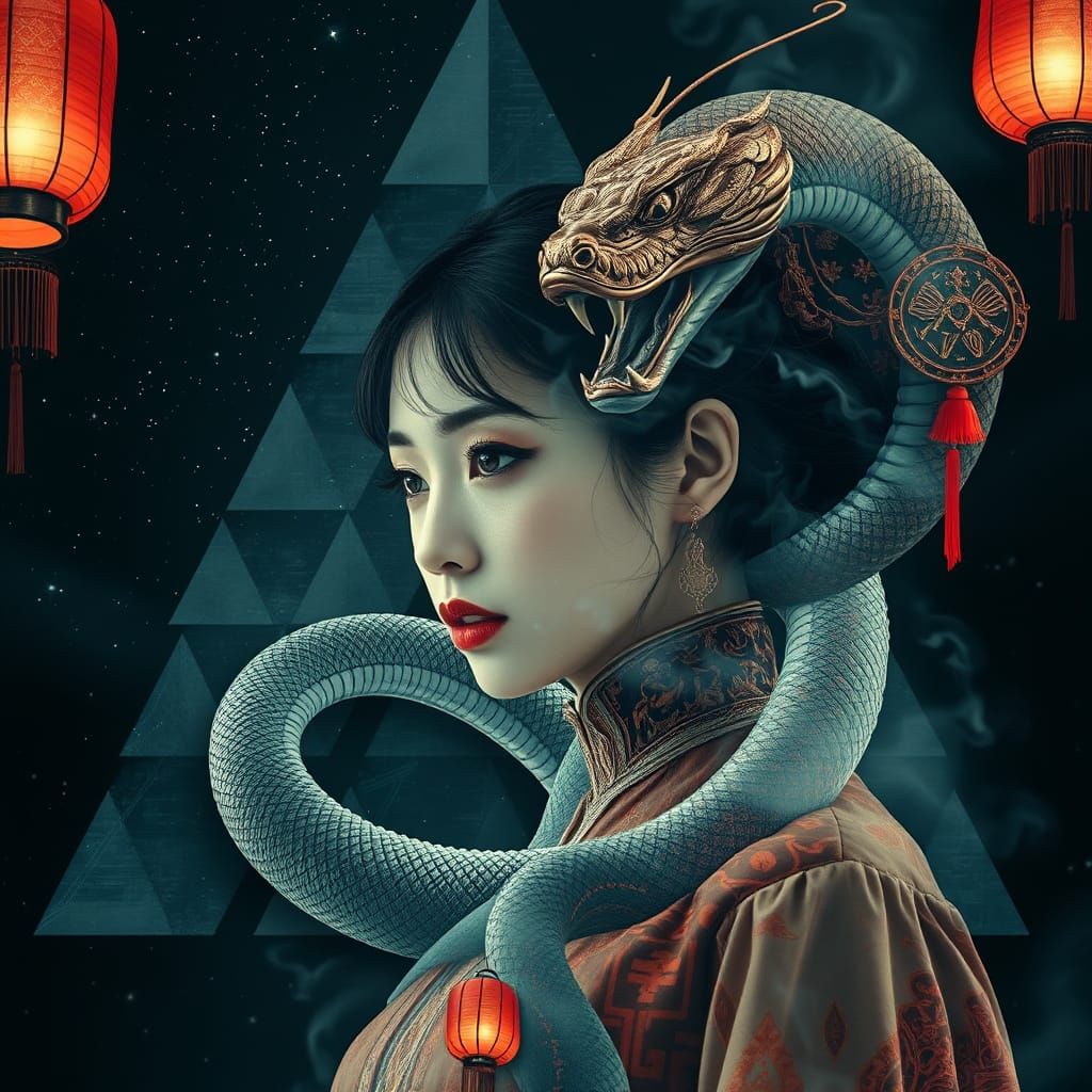 Surreal Hyper-Realistic Double Exposure Artwork with Triangu...