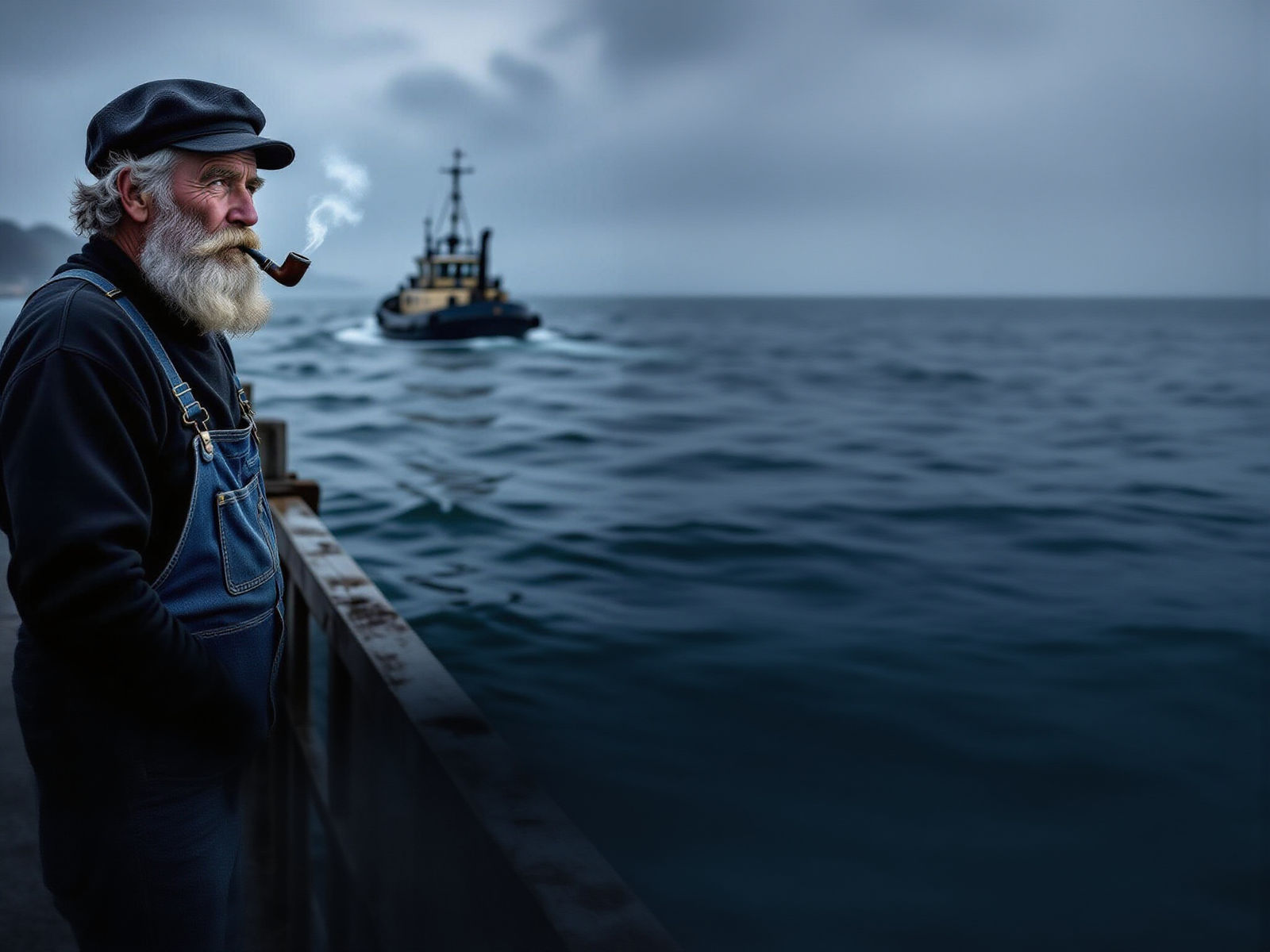 Old Sailor on Pier Gazing at Choppy Waters
