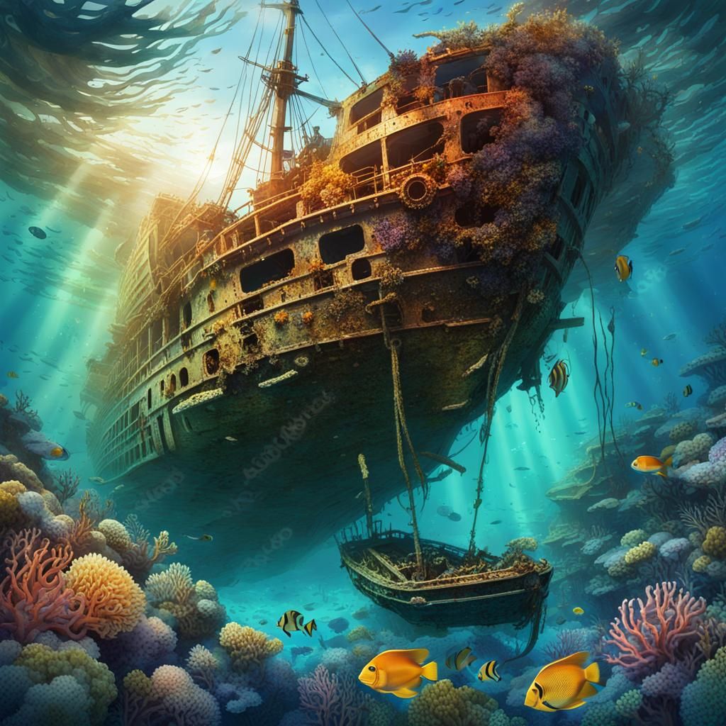 Sunken Shipwreck in Coral Reef: Watercolor Illustration