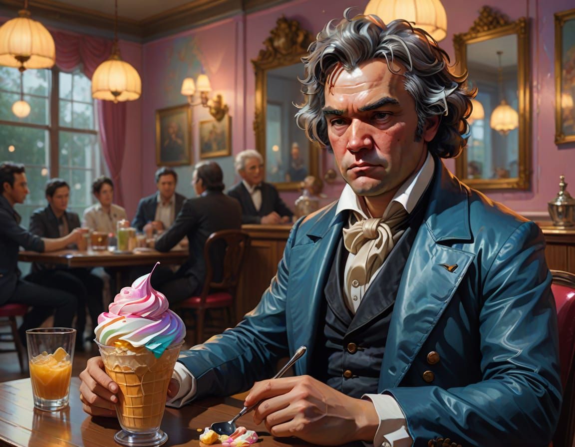 Beethoven Enjoys Ice Cream in Vibrant Oil Painting