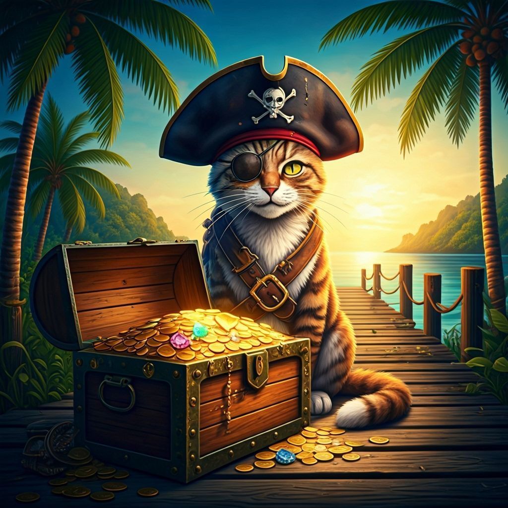 Pirate Cat Guarding Treasure, Disney Style