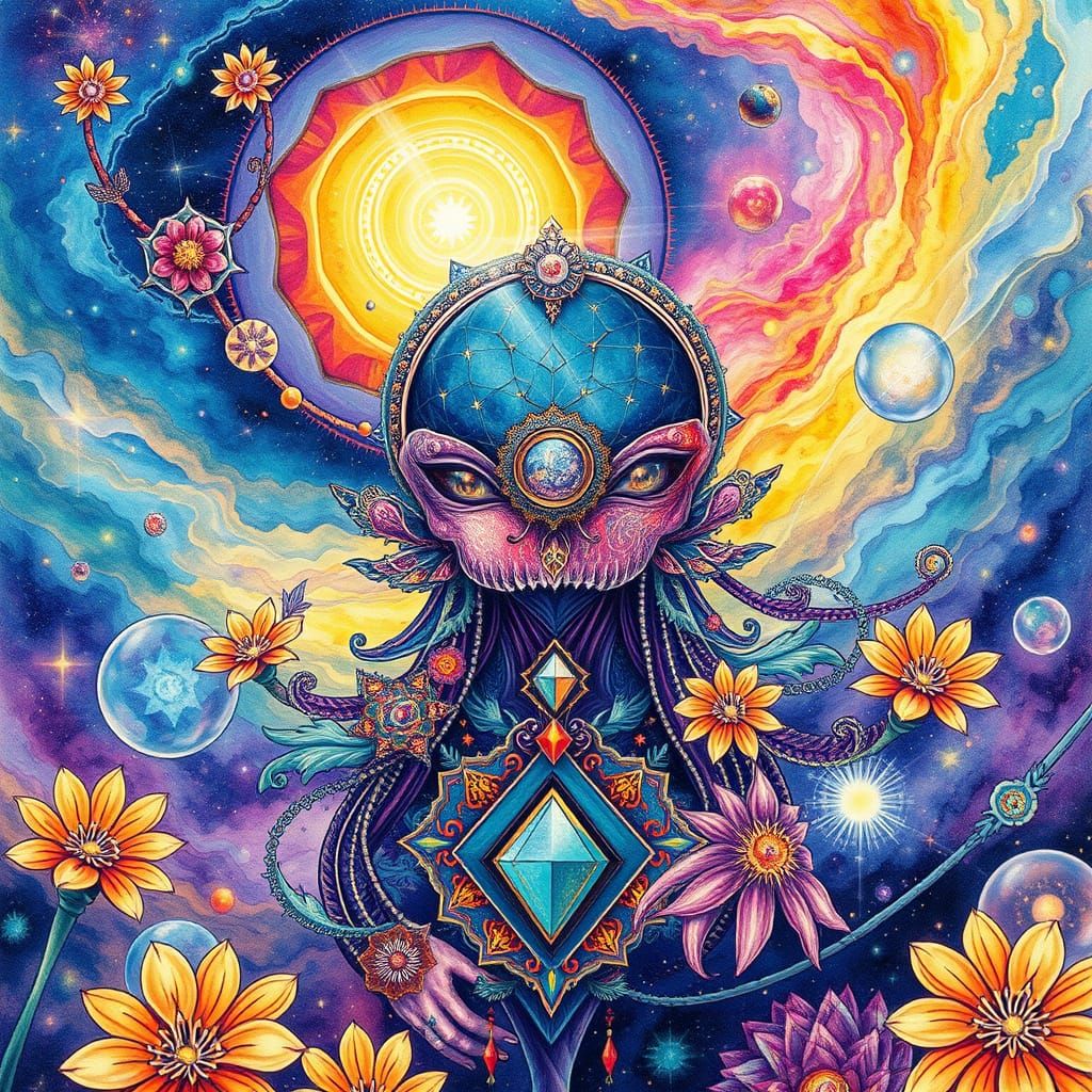 Intricate Holographic Regalia in Cosmic Watercolor Style