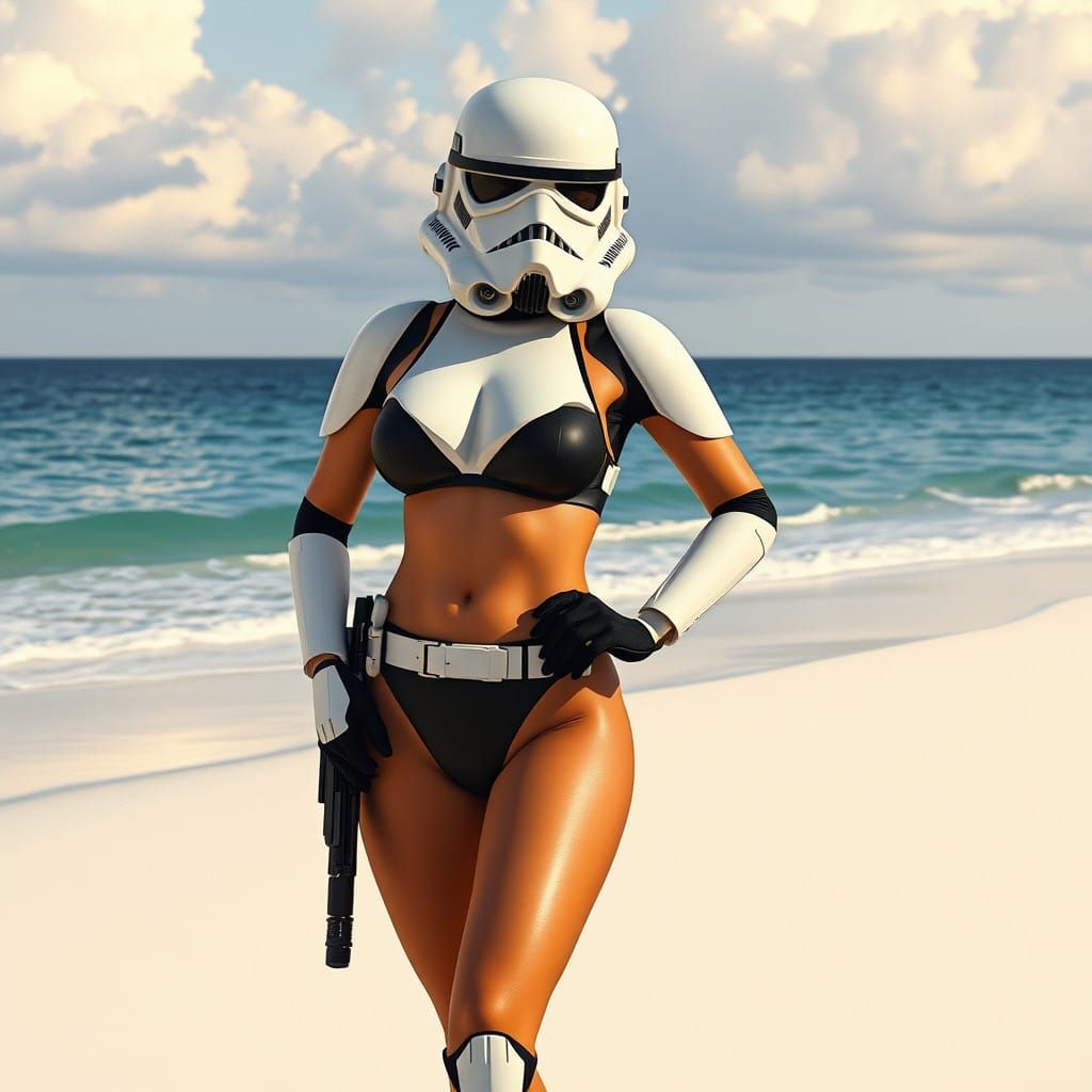 Futuristic Stormtrooper Pin-Up in Sleek Black Bikini