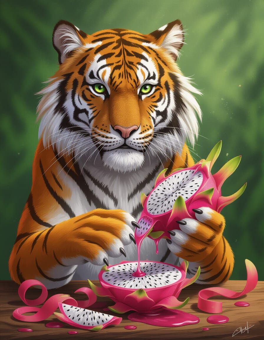 Tiger Peeling Dragonfruit in Surreal Archipelago