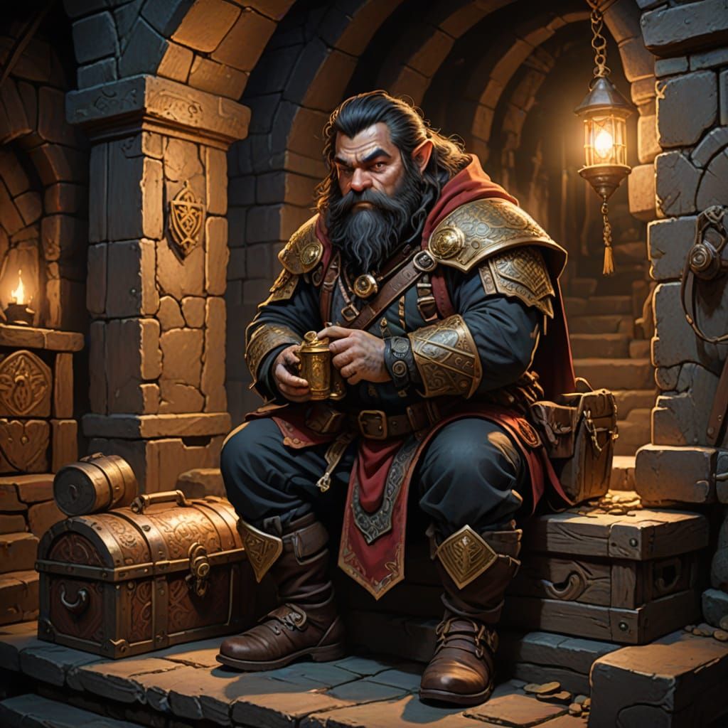 Dwarf Crouches on Dungeon Steps, Treasure at His Feet