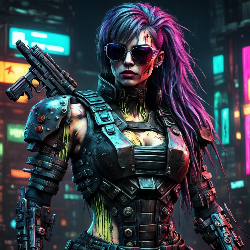 Cyberpunk Emo Warrior With Armor and Weapons