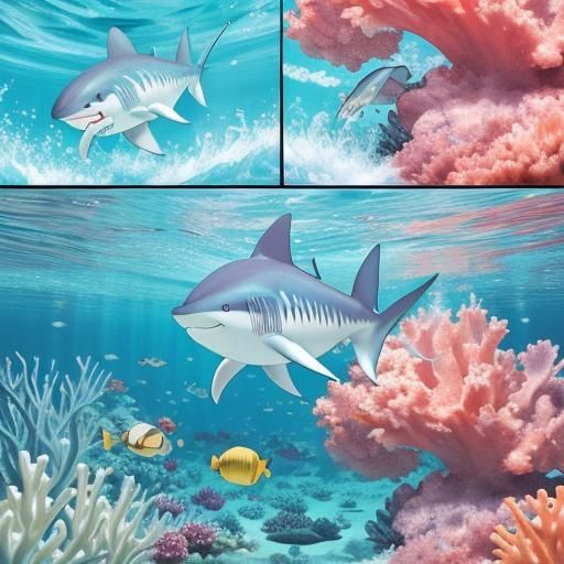 Cute Baby Shark in Coral Reef, Manga Style