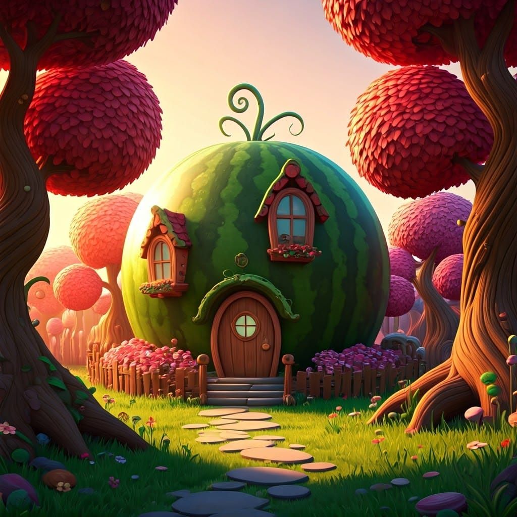 Cartoon Watermelon House in Fantasy Garden, Pixar Style