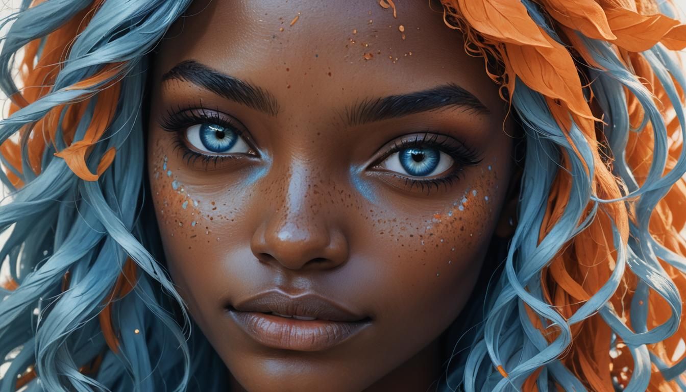 Melanin Woman with Ethereal Blue Hair, Digital Art