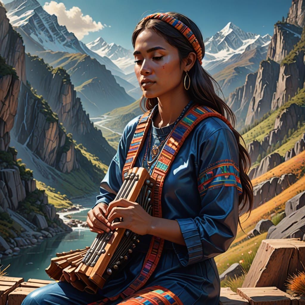 Girl Plays Pan Flute Against Mountains in Splash Art Style