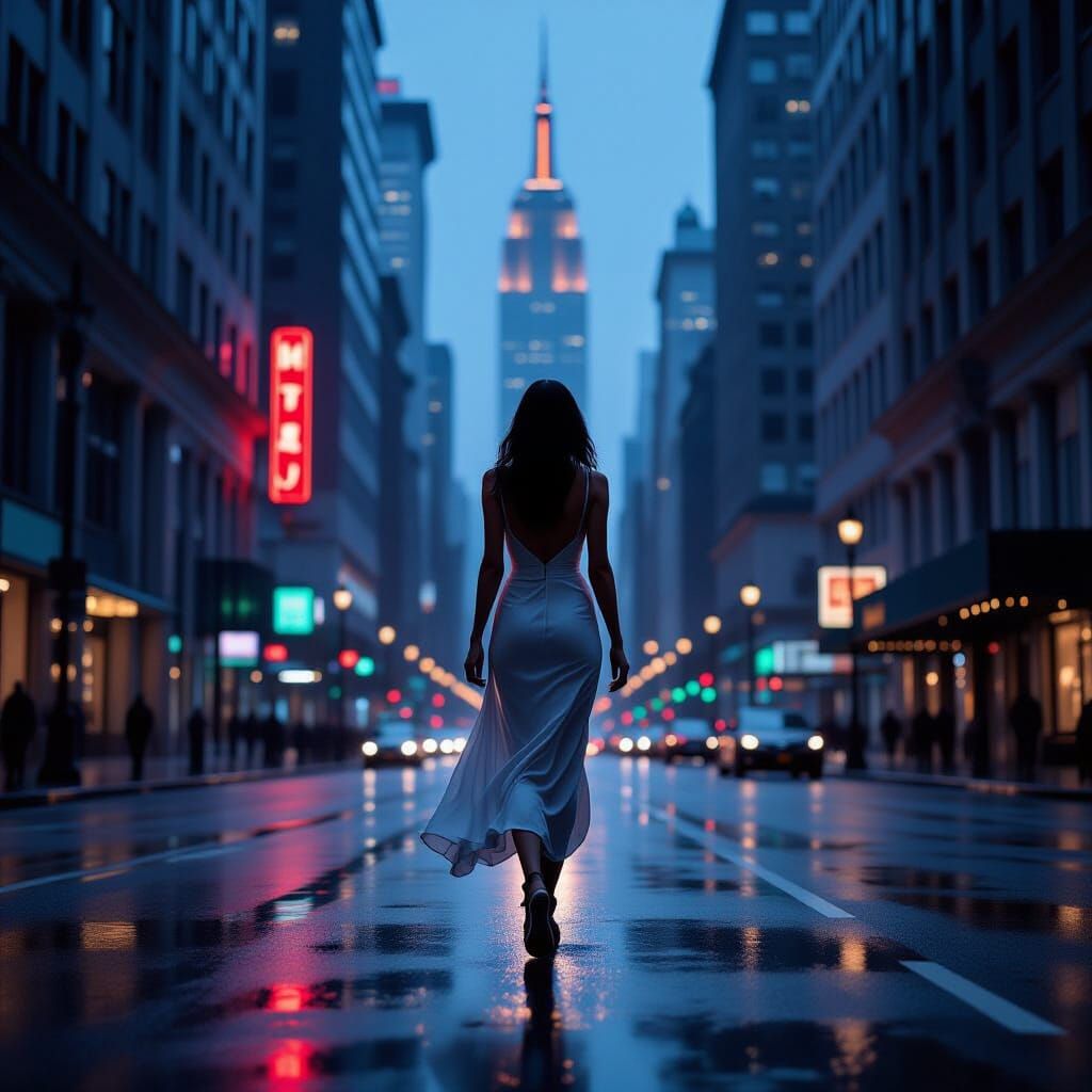 Woman in Art Deco City at Dusk