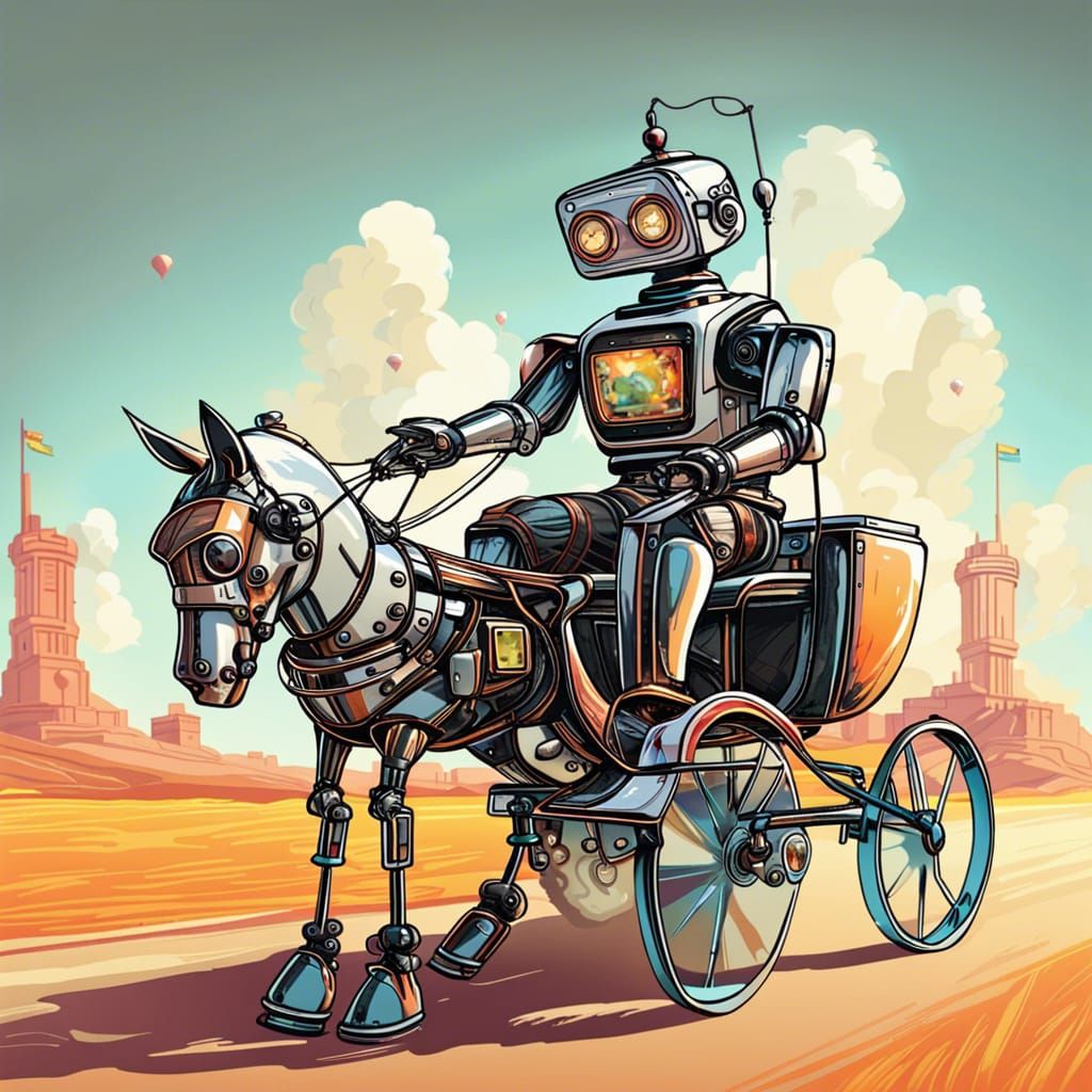 ""FUTUREISTIC ROBOT" RIDING IN A HORSE AND BUGGY"