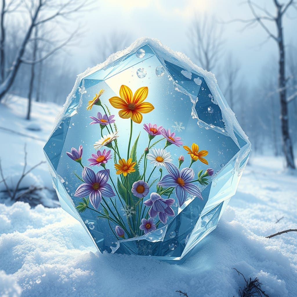 Crystal Ice Flowers in Winter Landscape, Realistic