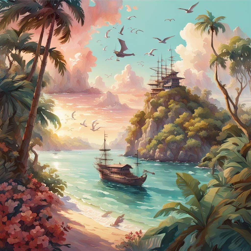 Island Paradise: Digital Watercolor Fantasy Landscape