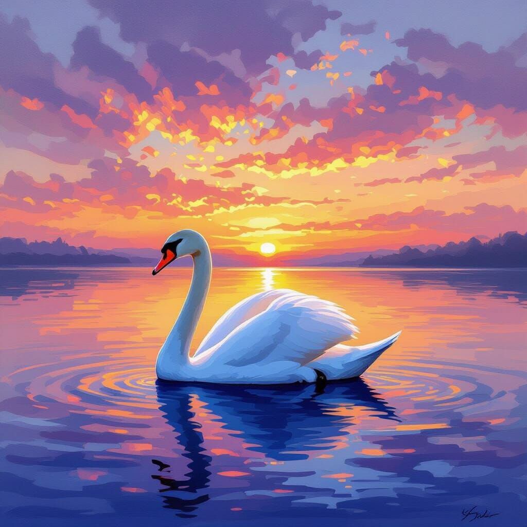 Majestic White Swan on Blue Lake at Sunset