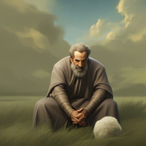 Bearded Figure Praying in Field: Concept Art Portrait