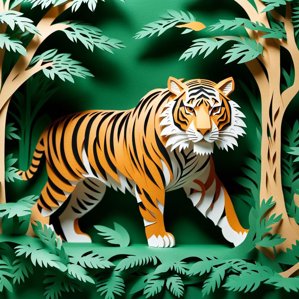 Elaborate Kirigami Tiger Hunt in Forest