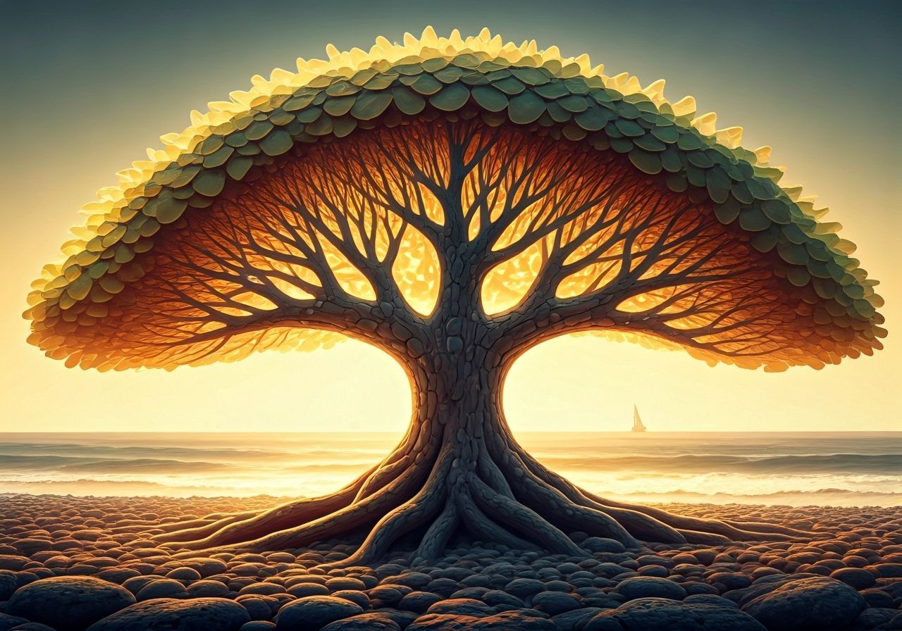 Colossal Sea Glass Tree on Misty Coast