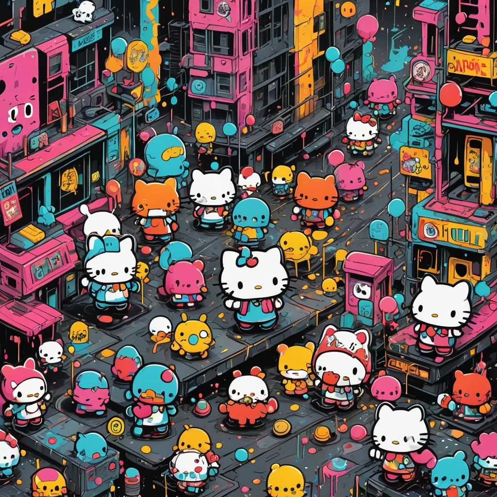 Sanrio Characters in Neon-Lit Urban Acrylic Art