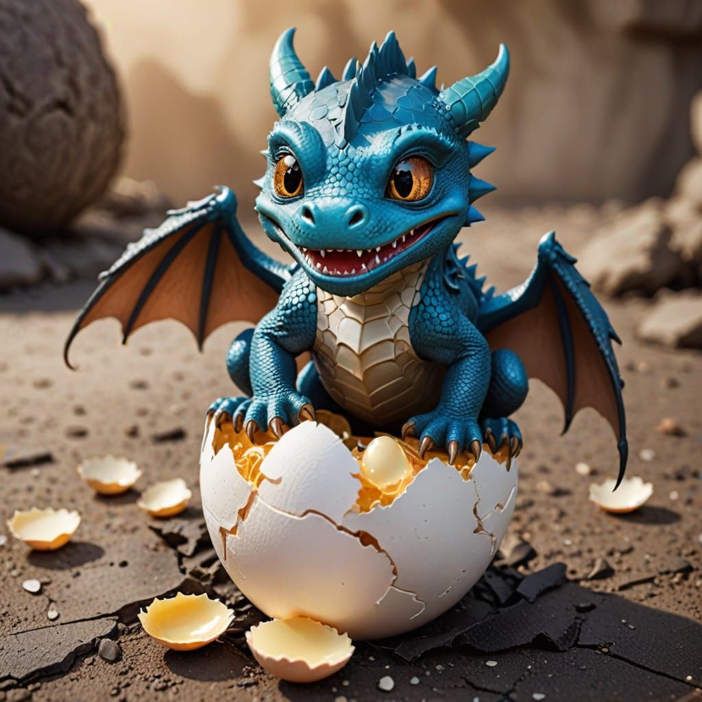 Cute Baby Dragon Hatches from Cracked Eggshell