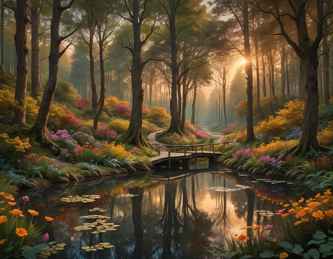 Sunset Forest Path in a Detailed Digital Painting