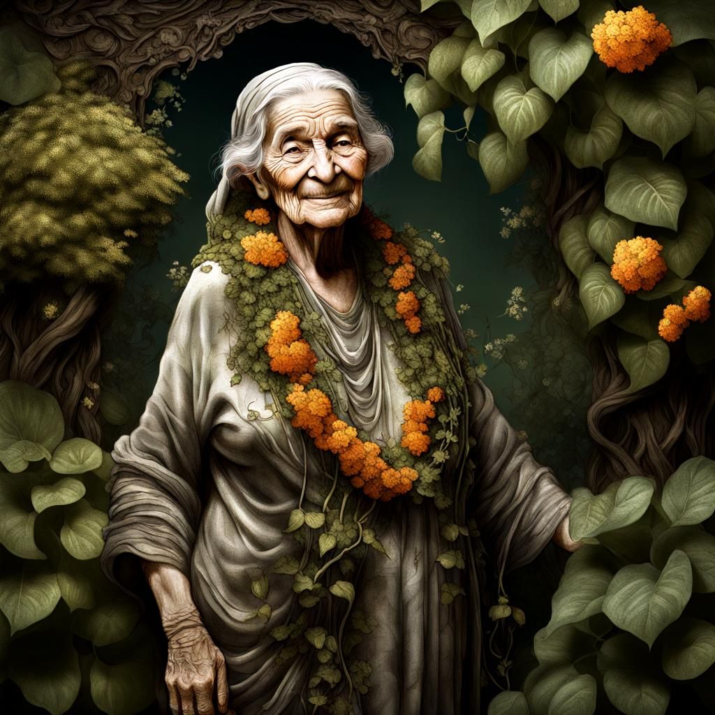 Floral Woman Portrait in Eden Garden, Digital Illustration