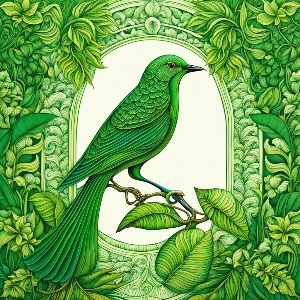 Radiant Green Bird in a Serene Garden